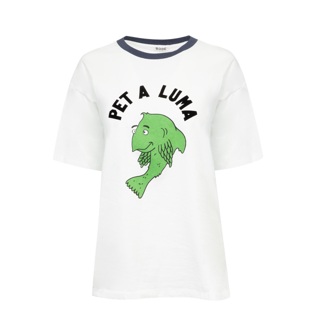 Image 1 of 2 - WHITE - BODE Pet a Luma Tee featuring ringer neckline, boxy fit, flocked lettering and short sleeves. 100% cotton. Made in Portugal. 