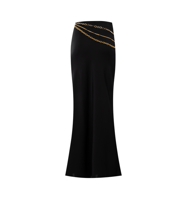 Image 2 of 2 - BLACK - RABANNE Long Chain Skirt featuring silky texture, mid length, chain details at the waist and fluid material. 100% polyester. 