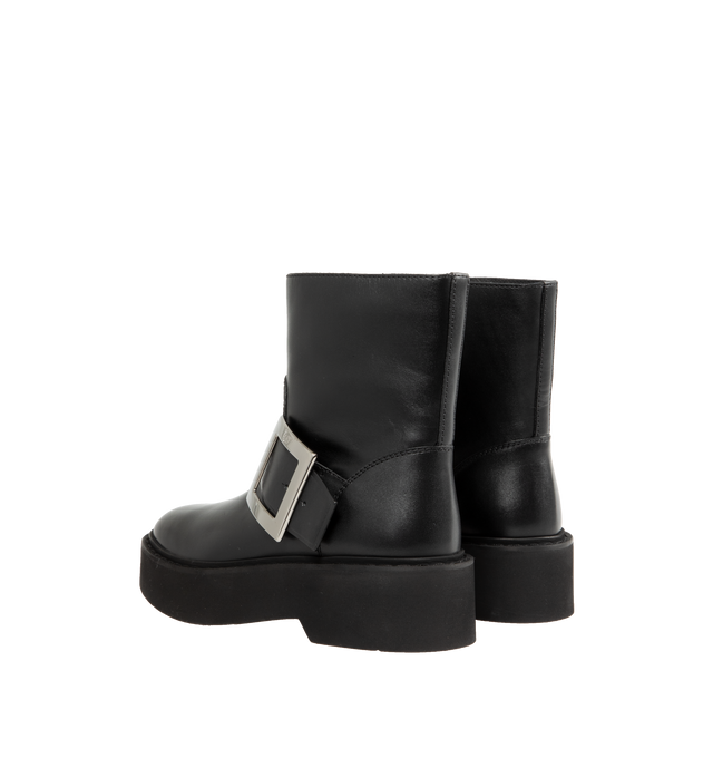 Image 3 of 4 - BLACK - ROGER VIVIER Viv Rangers Leather Buckle Moto Boots featuring calfskin moto booties with signature metal pilgrim buckle, round toe, pull-on style, leather lining and rubber outsole. 1" heel. Made in Italy. 