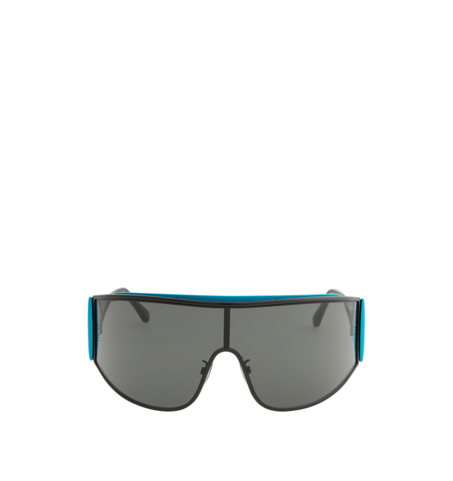 Image 1 of 3 - BLACK - LOEWE Speed Shield Sunglasses featuring shield-shape in a wraparound metal construction with a lens that extends into a distinctive triangle-shaped temple, complemented by contrast trim, universal fit, UVA/UVB protection and engraved LOEWE. Metal. Temple size: 12 cm. Made in Italy. 