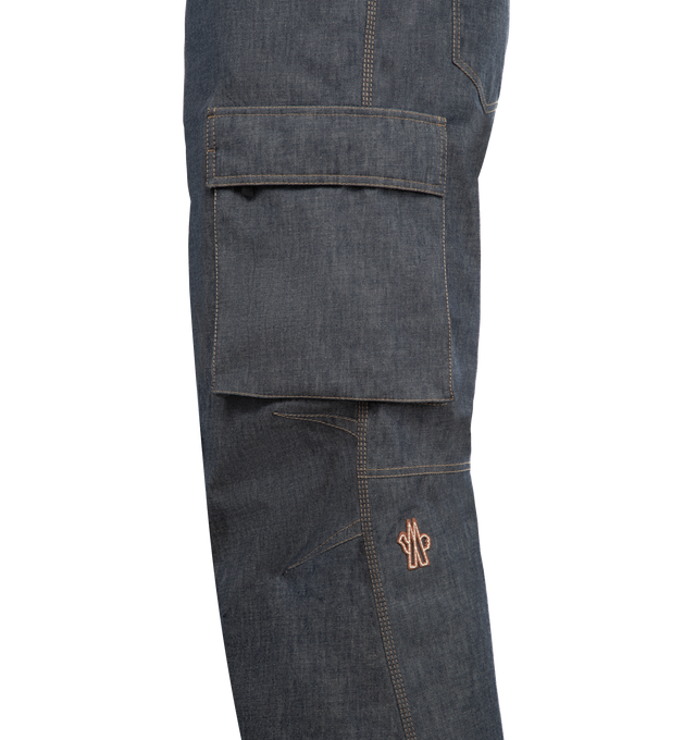 Image 4 of 4 - GREY - MONCLER GRENOBLE Padded Denim Ski Bib featuring 2L technical denim, stretch technical polyester lining, padded, heat-sealed seams, suspenders, YKK AquaGuard Highly Water Resistant zipper and snap button closure, pockets with YKK AquaGuard Highly Water Resistant zipper and hook-and-loop closure, back pockets with snap button closure, ankle gaiters, ski cut protection and synthetic material logo patch. 100% cotton. Lining: 89% polyester, 11% elastane/spandex. Lining: 100% polyamide/nylon 