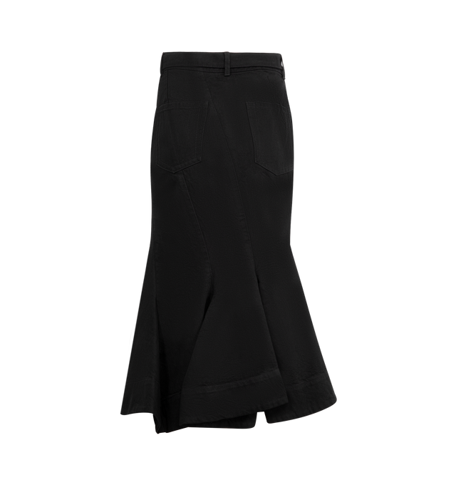 Image 2 of 2 - BLACK - SACAI Denim Skirt featuring asymmetrical silhouette, exposed zipper, belt loops with adjustable belt, midi length and back patch pockets. 100% cotton.  