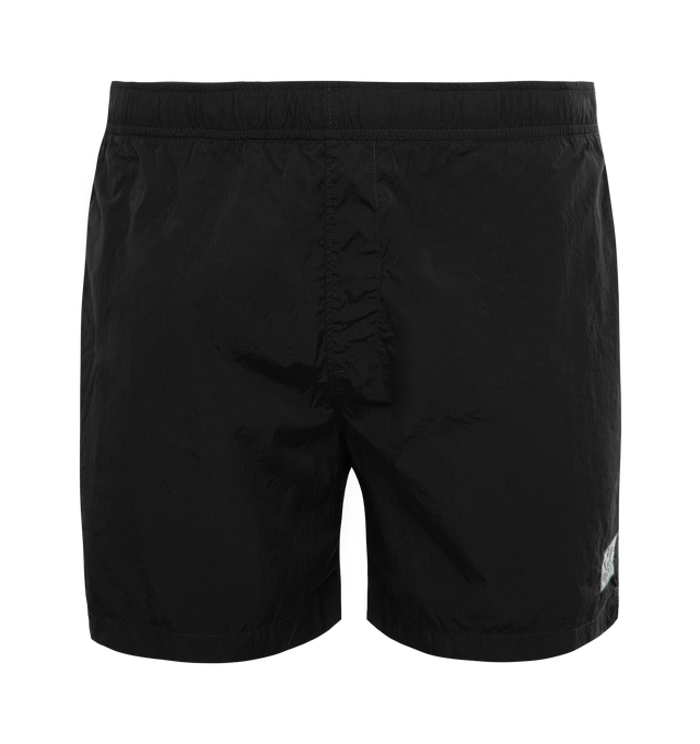 BLACK - C.P. COMPANY Eco-Chrome R Swim Shorts featuring tonal stitching, two side slash pockets, logo patch to the leg, short side slits, thigh-length, mesh lining and elasticated waistband with internal drawstring. 100% polyamide.