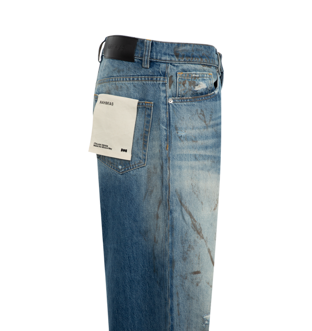 Image 2 of 3 - BLUE - NAHMIAS Waxed Wide Jeans featuring five pocket styling, baggy wide leg fit, holes & distressing, belt loops and button closure. 100% cotton.  