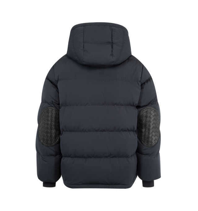 Image 2 of 4 - BLUE - BOTTEGA VENETA Puffer Jacket featuring leather flap front pocket, intrecciato leather elbow patch, stand collar, side pockets with snap closure and removable hood. Made in Italy. 