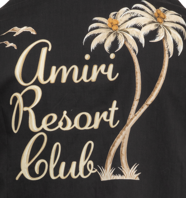 Image 4 of 4 - BLACK - AMIRI Resort Club Embroidered Camp Shirt featuring poplin camp shirt with contrasting trims and embroidery, "Amiri Resort Club" script on front and back, notched collar, button closure, chest patch pocket with MA logo and short sleeves. 100% cotton. Made in Italy. 