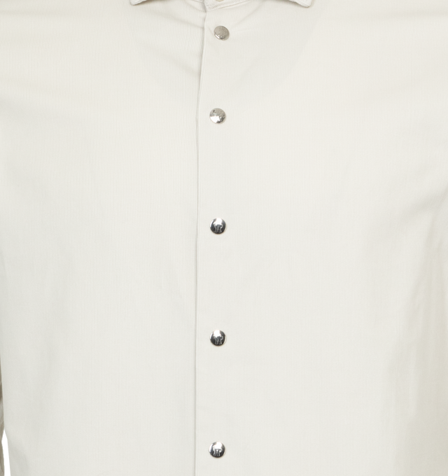 Image 3 of 3 - WHITE - MONCLER Corduroy Shirt featuring collar, snap button closure, mother-of-pearl buttons on collar and cuffs, chest pocket, adjustable cuffs and fabric logo patch. 100% cotton. Made in Romania. 