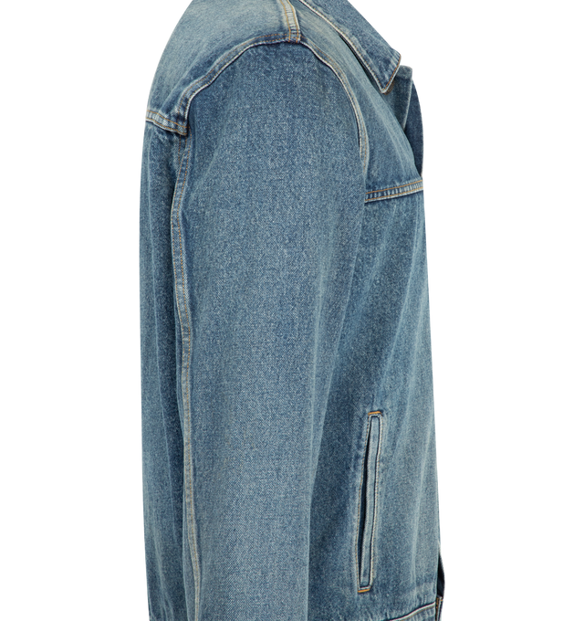 Image 3 of 3 - BLUE - The Row Men's Mendo Jacket is crafted from structured cotton denim with a soft hand and faded, worn-in appearance. Designed with a classic collar, paneled yoke construction, vertical welt pockets, and a front placket with shank button closure, this designer denim jacket is fully lined in brushed cotton flannel for added comfort and warmth. Main Material: 100% Cotton Denim. Lining: 100% Brushed Cotton Flannel. Closure: Shank Buttons. Pockets: Vertical Welt Pockets. Made in Japan. 