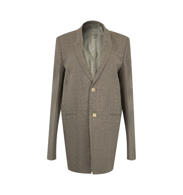 Image 1 of 2 - NEUTRAL - Rick Owens Women's Concordian Jacket is crafted from black melange Bishu wool and features a below-hip tailored silhouette with classic sloping shoulders and a slim lapel. Designed with a double-button closure, lower front jet pockets, five-button cuffs, a back vent, and two internal buttoned pockets for a refined interpretation of classic tailoring. Main Material: 100% Wool. Lining: 100% Cupro. Buttons: 100% Buffalo Horn. 