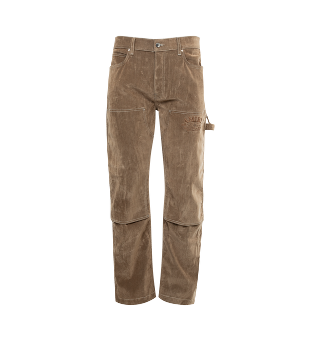 Image 1 of 4 - BROWN - AMIRI Flocked Carpenter Pant featuring button fly, hammer loop detail at side, tonal stitched logo detail at leg and velour fabric with contrast stitching. 67% cotton, 21% polyester, 6% polyurethane, 4% nylon, 2% elastane. Made in USA. 