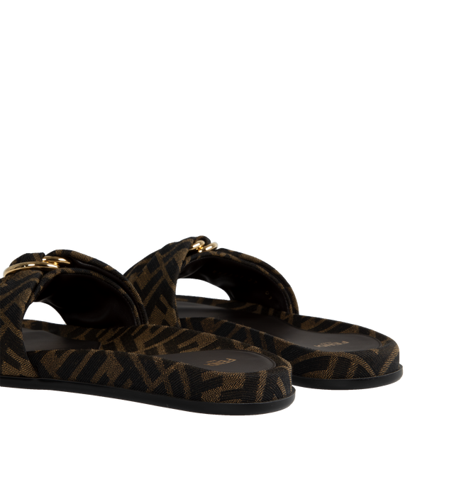 Image 3 of 4 - BROWN - FENDI Feel Slide featuring flat sides with knotted band, jacquard fabric with the iconic brown FF motif in brown and tobacco and gold-finish metalware. 10MM. 65% polyamide, 35% cotton, 100% resins. Inside: 100% lamb leather. Made in Italy. 