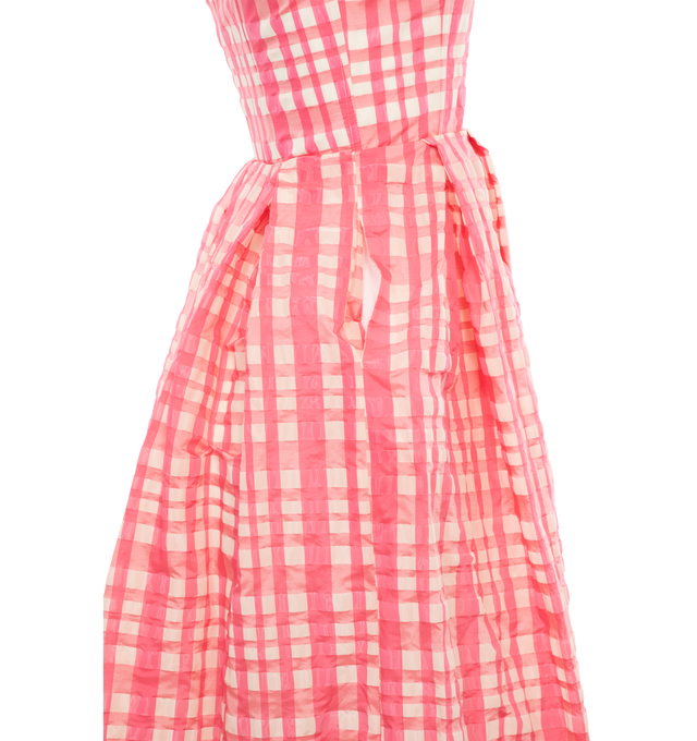 Image 3 of 4 - PINK - ROSIE ASSOULIN Oh Oh Livia's Dress featuring boned bodice, pleated waist and full skirt, gingham plaid pattern, strapless, hook-and-eye and hidden zip at side and on-seam hip pockets. 40% polyester, 32% polyamide, 28% cotton. 
