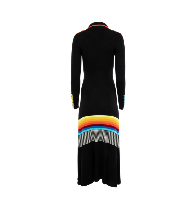 Image 3 of 6 - BLACK - CHRISTOPHER JOHN ROGERS Ribbed Stripe Polo Dress featuring colorful striped details and contrast trimming, spread collar, button front closure, long sleeves, button cuffs, front patch pockets, full length and A-line silhouette. Wool/nylon/polyamide/viscose. 