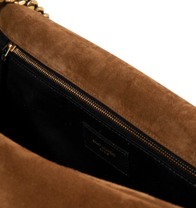 Image 4 of 4 - BROWN - SAINT LAURENT Calypso XXL Bag featuring envelope flap, padded suede, sliding curb-chain strap, grosgrain lining, bronze-tone hardware, magnetic closure and one zip pocket. 15" x 8.3" x 3.9". Calfskin. Made in Italy. 