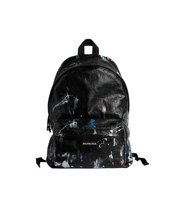 Image 1 of 3 - BLACK - BALENCIAGA Explorer Backpack featuring painter's shirt artwork on Arena lambskin, calfskin and polyamide, one top handle, adjustable shoulder straps, Balenciaga logo debossed and printed at front, matte black hardware, top double-ended zip-fastening closure, front zipped pocket, 1 inner zipped pocket, 1 inner patch pocket, BB logo engraved zipper puller with cotton string and cotton canvas lining. 13.7" x 18.5" x 7.8". Lambskin, calfskin, polyamide. Made in Italy. 