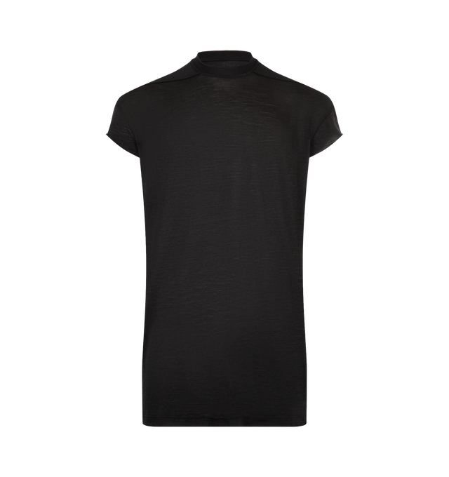 Image 1 of 2 - BLACK - Rick Owens Men's Rick's S Jumbo SS T-Shirt is crafted from a cotton jersey and features an oversized silhouette, below-hip length, a ribbed crew neckline, low shoulders, and very short sleeves with rolled raw-cut edges. Designed with the brand's signature front level shoulder seams, this style is made from GOTS-certified organic cotton fibers. Main Material: 100% Cotton. Made in Italy. 
