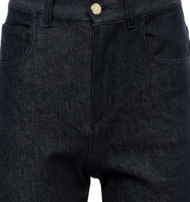 Image 3 of 3 - NAVY - MONCLER Cropped Jeans featuring button and zipper closure, classic five pockets and synthetic fabric logo label. 98% cotton, 2% elastane/spandex. 