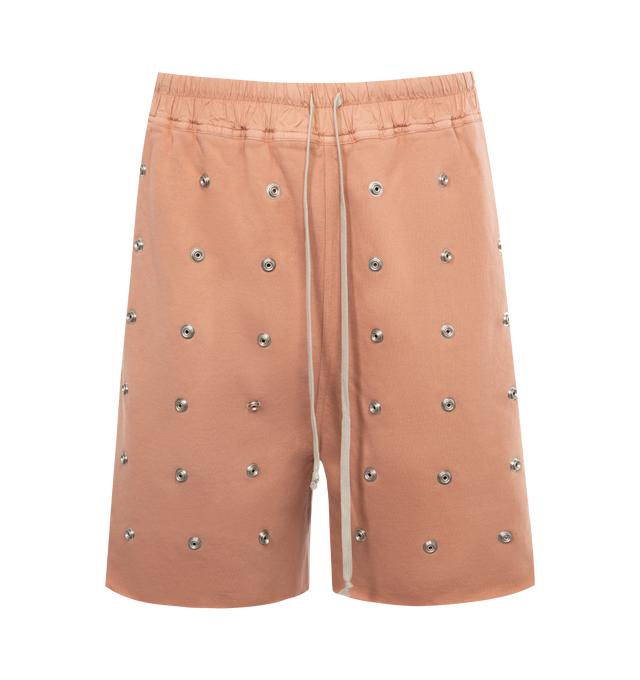 Image 1 of 3 - PINK - DRKSHDW Long Boxer Shorts featuring allover grommet embellishment, elasticized drawstring waist, side slip pockets, relaxed fit through wide legs and pull-on style. 100% cotton. Made in Italy.