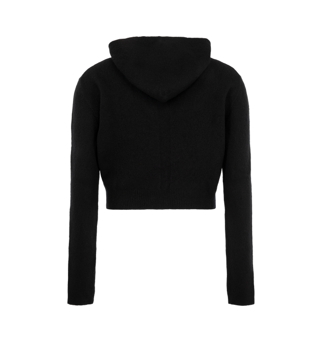 Image 2 of 2 - BLACK - Rick Owens men's Cropped Hooded Pull is crafted from a luxurious cashmere-blend knit and features a cropped silhouette with an attached hood for a refined yet relaxed look. Designed with the brand's signature minimalist aesthetic, this lightweight style combines exceptional softness with subtle stretch for everyday comfort. Main Material: 80% Cashmere, 18% Polyamide, 2% Elastane. 