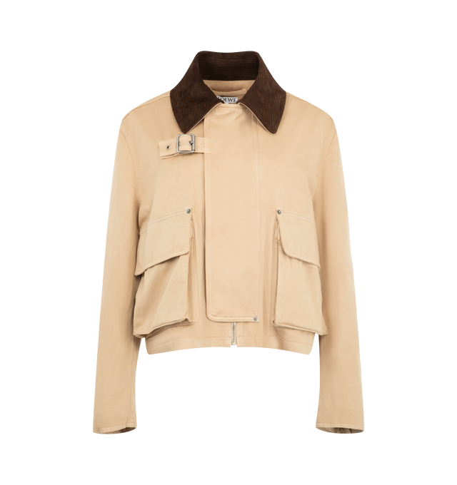 Image 1 of 4 - NEUTRAL - Loewe Womens Parka Jacket is crafted from cotton. Features a slightly cropped silhouette, corduroy collar, chest belt detail, concealed front closure, and cotton lining with leather trim. Main Material: 100% Cotton; Trim: 100% Leather; Lining: 100% Cotton. Made in Italy. 