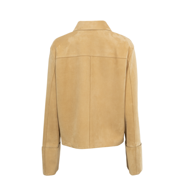 Image 2 of 5 - GOLD - LOEWE TURN-UP JACKET is a lightweight suede lambskin jacket with a relaxed fit, short length, turn-up cuffs, classic collar, button front fastening and front pockets. 100% suede. 