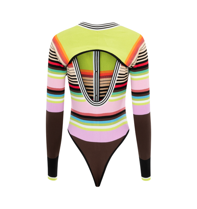 Image 2 of 4 - MULTI - CHRISTOPHER JOHN ROGERS Racer Front Bodysuit with Bolero featuring ribbed knit viscose and nylon blend, rainbow stripe yarns with graphic black and white stripe accents, button front, scoop back and thong bottom with snap gusset. Bolero included.  