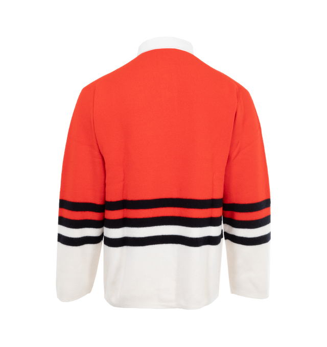 Image 2 of 3 - RED - Wales Bonner Cypher Polo crafted from 100% wool in an oversized fit. An iconic collegiate silhouette is rendered in a soft merino wool yarn with a block-stripe motif, an embroidered monogram logo, and a contrast cotton polo-collar. 