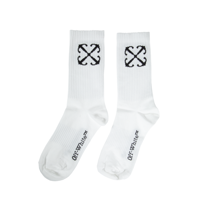 WHITE - OFF-WHITE ARROW MID CALF SOCKS are mid ribbed socks featuring arrows at side and Off-White logo at side. 15% Polyamide 80% Cotton 5% Elastane.