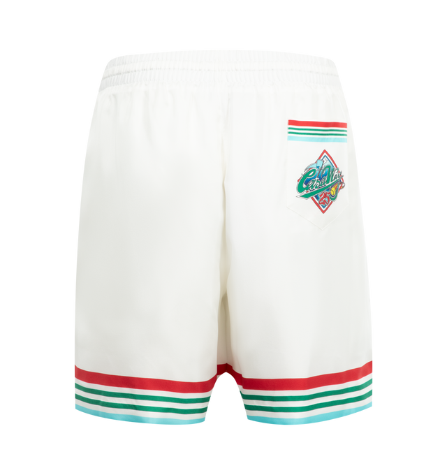 Image 2 of 3 - WHITE - CASABLANCA Striped Silk Drawstring Track Shorts featuring drawstring elasticized waistband, side slip pockets, back patch pocket and stripe hem. 100% silk. Lining: 100% polyester. Made in Italy. 