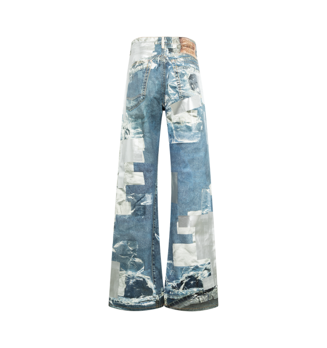 Image 2 of 3 - BLUE - ACNE Printed Jeans featuring a seasonal trompe-lil tape print, organic cotton denim with a brushed surface for a soft handfeel, regular fit, mid waist, wide, straight leg that subtly flares from the knee, 5-pocket construction and zipper fly closure. 100% cotton. 