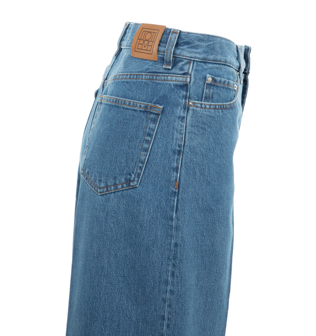 Image 2 of 3 - BLUE - TOTEME Wide Leg Denim featuring high waistline and long, wide legs that are press-creased, belt loops, five pockets and zipper fly. 100% cotton organic. 