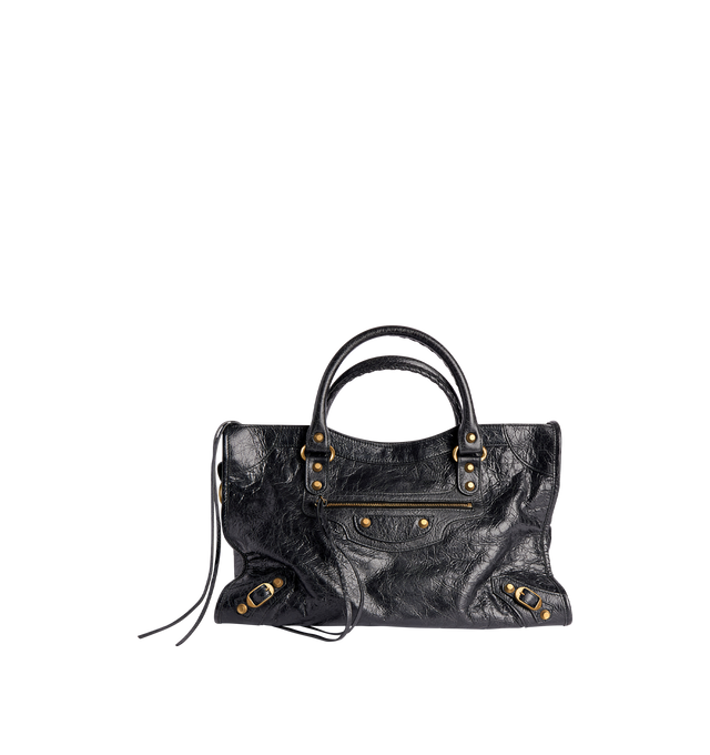 Image 1 of 4 - BLACK - BALENCIAGA Le City Bag Medium featuring arena lambskin, two leather hand-braided handles, adjustable and removable shoulder strap, aged-gold hardware, zipped closure with knotted leather puller, front zipped pocket with knotted leather puller, 1 inner zipped pocket and cotton canvas lining. 15.1" x 9.4" x 5.9". Lambskin. Made in Italy.  
