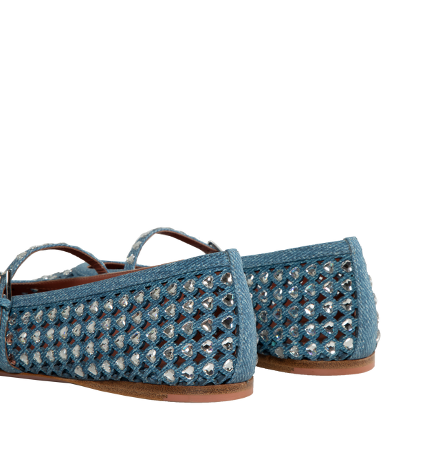 Image 3 of 4 - BLUE - AMINA MUADDI Ane Crystal Heart Flats featuring squared toe, suede, heart crystal embellishment and mary jane buckle strap. 100% lambskin. Lining: 100% goat. Sole: 70% leather, 30% rubber.  