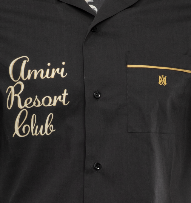 Image 3 of 4 - BLACK - AMIRI Resort Club Embroidered Camp Shirt featuring poplin camp shirt with contrasting trims and embroidery, "Amiri Resort Club" script on front and back, notched collar, button closure, chest patch pocket with MA logo and short sleeves. 100% cotton. Made in Italy. 