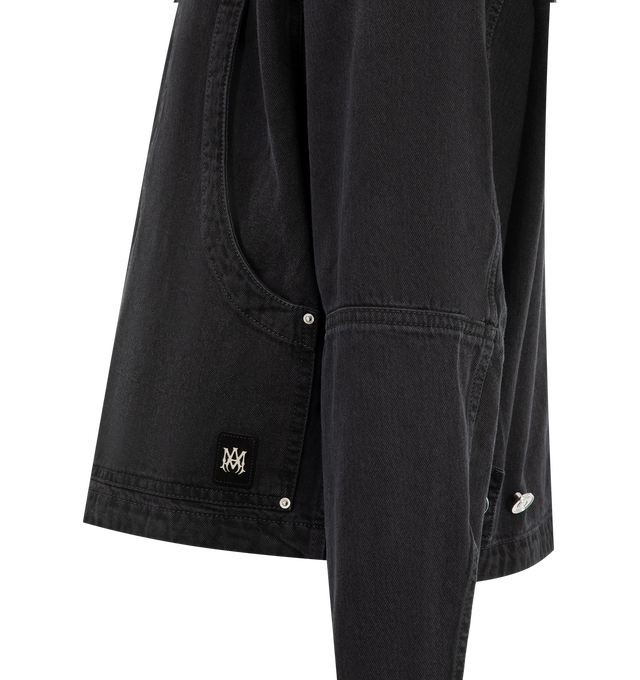 Image 3 of 3 - BLACK - Amiri Mens Denim Work Jacket is crafted from a durable denim cotton. Features front patch panels, side tabs, button cuffs, double-zip closure, and signature MA Quad logo detail. Material: 100% Cotton. Made in Italy. 