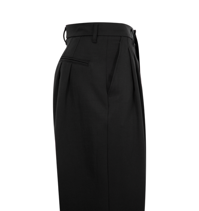 Image 3 of 3 - BLACK - LEMAIRE Drawstring Pleated Pants featuring relaxed fit, double pleats, adjustable hems, buttoned fly, drawstring and belt loops. 54% wool, 46% viscose. Lining: 100% cotton. Made in Romania. 