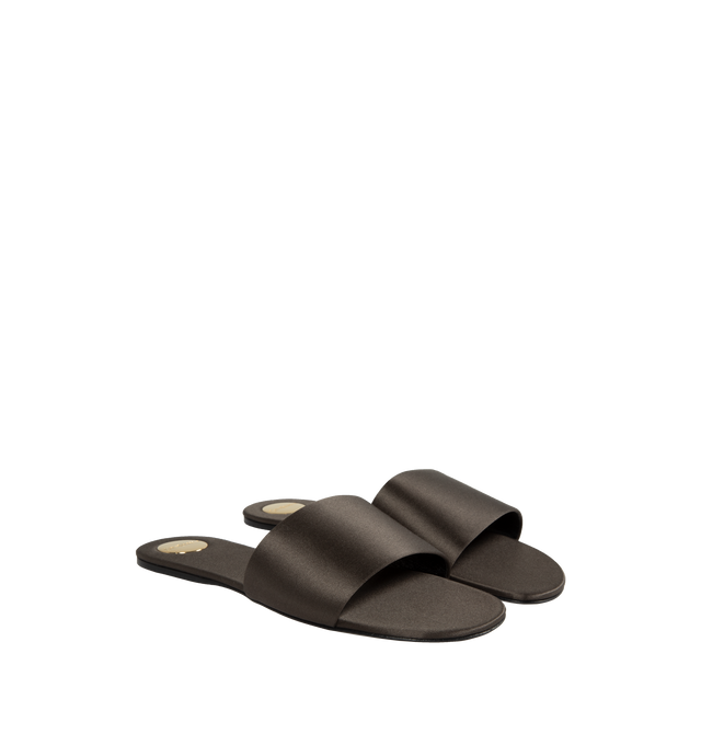 Image 2 of 4 - BROWN - SAINT LAURENT Carlyle Slide featuring round toe, thick arch band, engraved medallion on the insole and leather sole. 72% viscose, 28% silk. Made in Italy.  