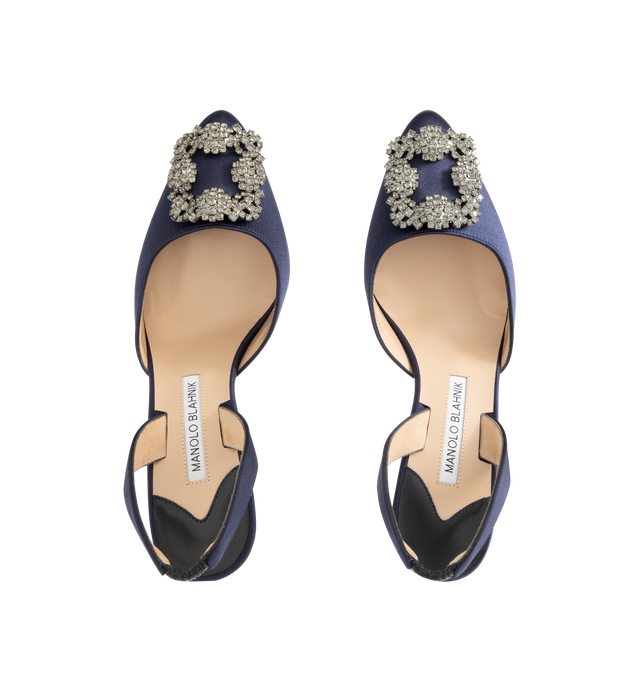 Image 4 of 4 - NAVY - MANOLO BLAHNIK Hangisli Slingback Pumps featuring satin almond toe slingback pump, elasticated slingback ankle strap, square crystal buckle and stiletto mid heel. 68% viscose, 32% silk. Lining: 100% kid leather. Heel measures 70 mm. Made in Italy. 