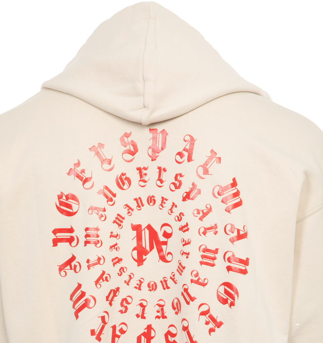 Image 4 of 4 - NEUTRAL - PALM ANGELS Logo Vertigo Zipped Hoodie featuring front zipper and pouch pocket, gothic lettering printed on front, sleeves and back. 100% cotton.  