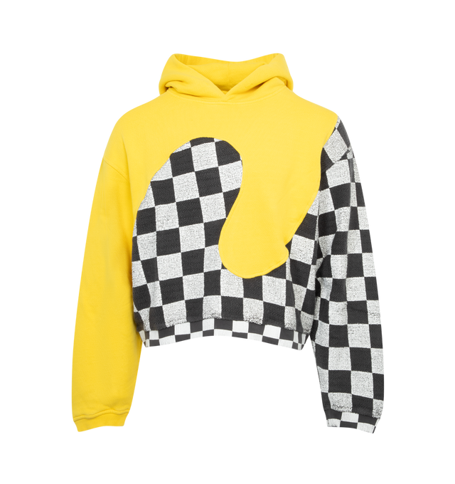 Image 1 of 2 - YELLOW - ERL Swirl Hoodie featuring cotton fleece, check pattern printed throughout, paneled construction, eyelets at hood, rib knit hem and cuffs and dropped shoulders. 100% cotton. Made in Turkey.