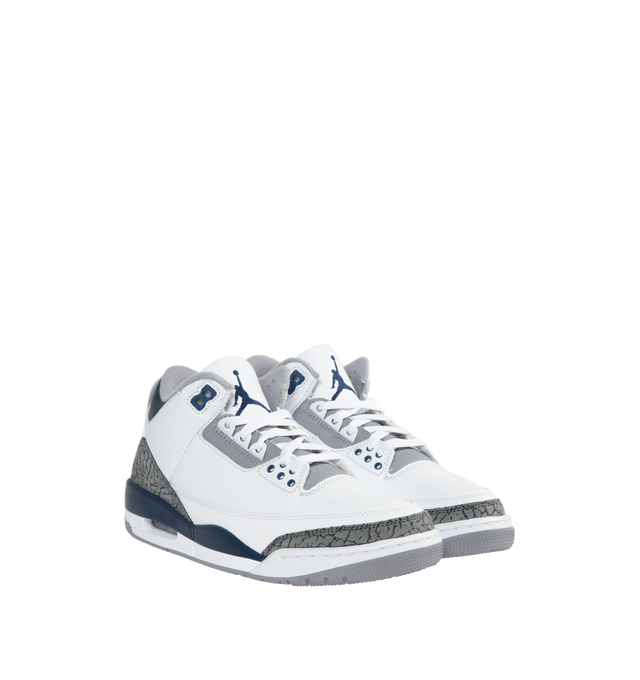 WHITE - AIR JORDAN 3 RETRO are made from a genuine and synthetic leather upper for durable comfort and an elevated look and has a mid-top design that provides heightened ankle support, iconic Elephant Print at the toe and heel, polyurethane (PU) midsole provides stable cushioning and plush comfort, encapsulated Air-Sole unit (forefoot) for responsive cushioning and solid rubber outsole with circular traction pattern for durable traction.
