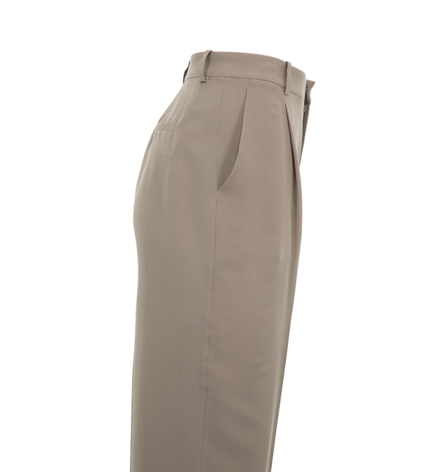 Image 3 of 3 - NEUTRAL - SAINT LAURENT Tailored Pant featuring high-waist, a relaxed straight leg with a single pleat and center crease, concealed front button, hook, and zip closure, two slash pockets at the front, two welt pockets at the back and waistband with belt loops. 100% silk. 