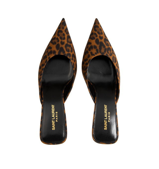 Image 4 of 4 - BROWN - SAINT LAURENT Barbara Mules in Leopard Grosgrain featuring an elongated pointed toe, kitten heel and low cut vamp. 55MM. Leather sole. Viscose.  