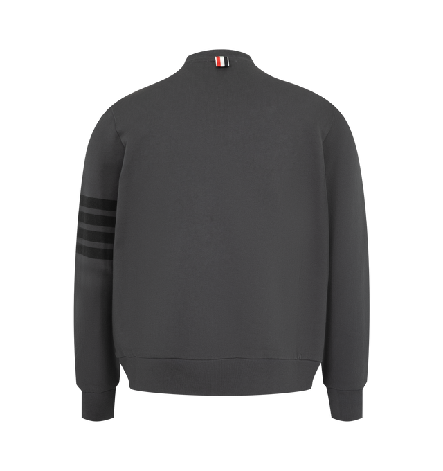 Image 2 of 2 - GREY - Thom Browne Men's 4-Bar Crewneck Sweatshirt is crafted from loopback cotton and features the brands signature 4-bar detailing at the sleeve. Designed with a classic crewneck silhouette, the sweatshirt is finished with rib-knit trim, cuffed sleeves, a straight hem, a branded patch at the hem, and Thom Brownes signature striped tab at the back neck. Main Material: Cotton. 