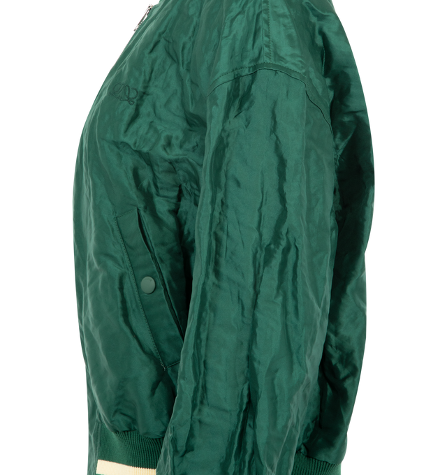 Image 3 of 3 - GREEN - LOEWE Bomber Jacket in lightweight crinkled technical taffeta featuring a striped rib knit collar, cuffs and hem, regular fit, regular length, zip front fastening, vertical snap button welt pockets, inside welt pockets, fully lined and double L embroidery placed on the chest. Polyester. Made in Italy. 