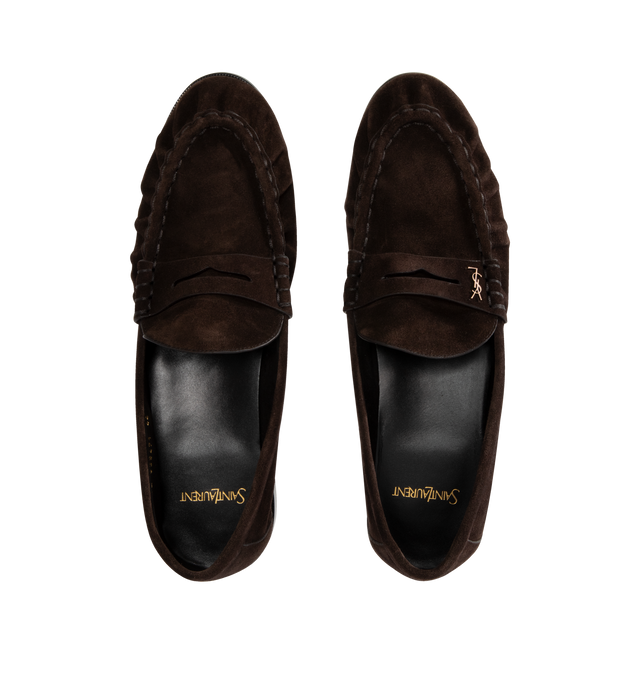 Image 4 of 4 - BROWN - SAINT LAURENT Le Loafer featuring supple penny loafers decorated with the cassandre, a hand-stitched moc toe and leather sole. 95% calfskin, 5% brass. Made in Italy. 