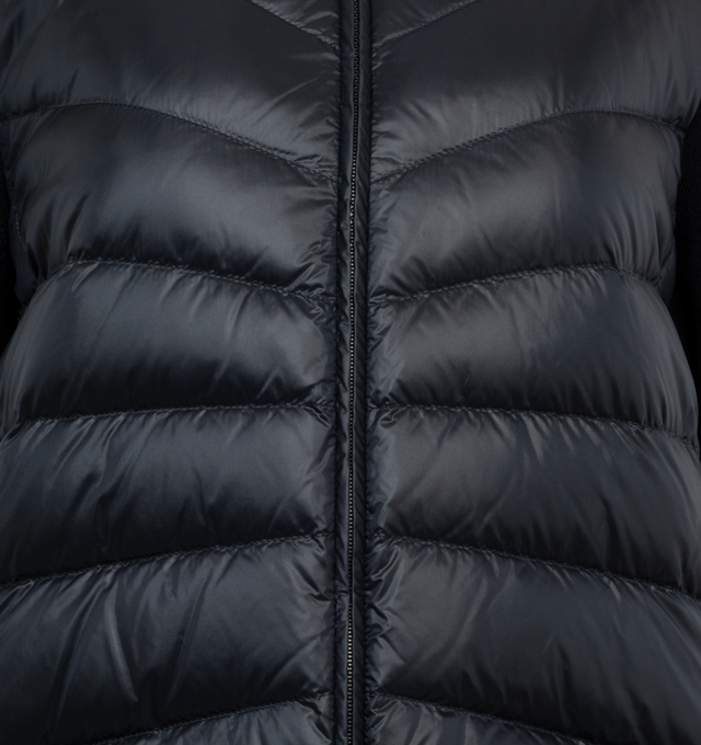 Image 3 of 3 - NAVY - MONCLER Padded Cardigan featuring ultra-fine Merino wool, longue saison lining, down-filled longue saison front, rib knit sleeves, gauge 14, zipper closure, zipped pockets and logo patch. 100% polyamide/nylon. 100% virgin wool. Padding: 90% down, 10% feather. 