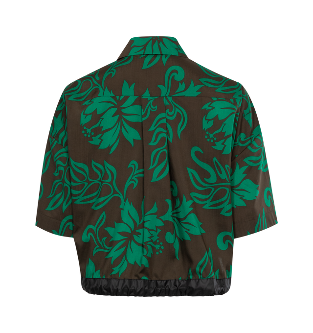 Image 2 of 2 - GREEN - SACAI Floral Print Shirt featuring cropped silhouette, short sleeves, collar, button front closure and satin detail at hem. 100% polyester. Made in Japan. 