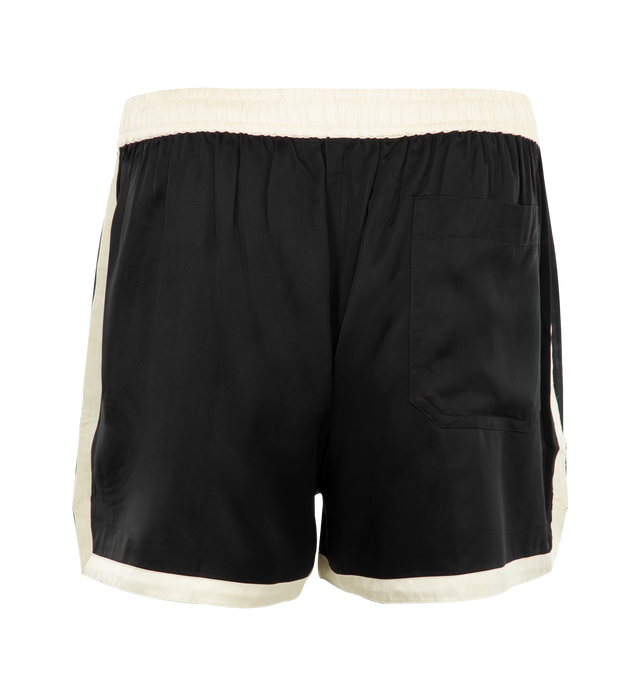 Image 2 of 3 - BLACK - Bode Satin Gym Shorts have an elastic waistband, side pockets, an embroidered logo detail, and a back patch pocket.  