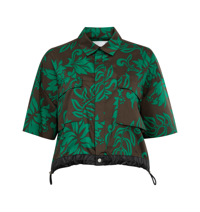 GREEN - SACAI Floral Print Shirt featuring cropped silhouette, short sleeves, collar, button front closure and satin detail at hem. 100% polyester. Made in Japan.